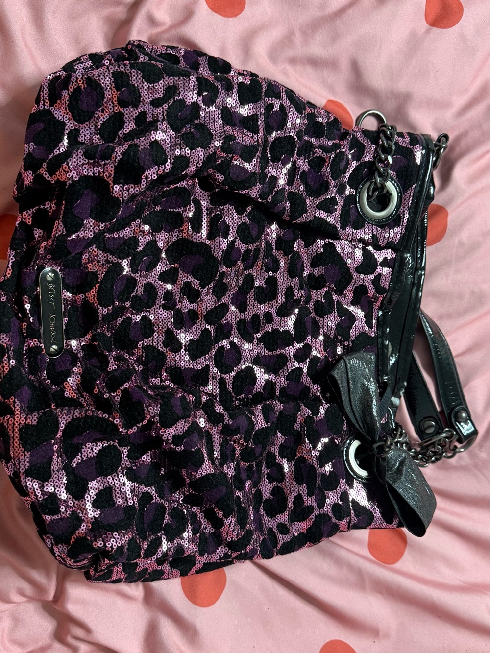 Betsey Johnson Pink Purple and Black Sequin Leopard Large Shoulder Bag